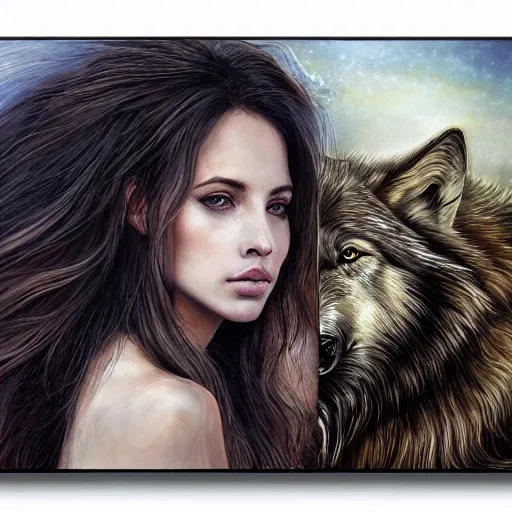 Prompt: a side view of a beautiful woman, long flowing hair, facing a wolf, side view, with nature elements throughout, canvas painting, highly detailed, art by dimitra milan.