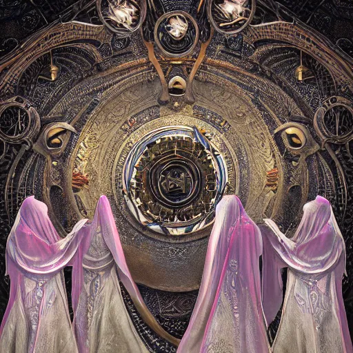 Image similar to The three moiras, dressed in robes of veils and with intricate jewels behind a large and detailed sculpted astrolabe, inside a cave with alien flowers, dramatic atmosphere, Diffused lighting, highly detailed digital art, trending on artstation, depth of field