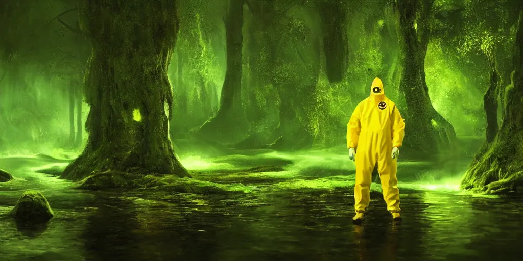 Image similar to a man in a yellow hazmat suit pours glowing green liquid into a magical river and stands in a detailed forest, painting, concept - art!!, rendering, octane, redshift, cinematic composition, volumetric lighting