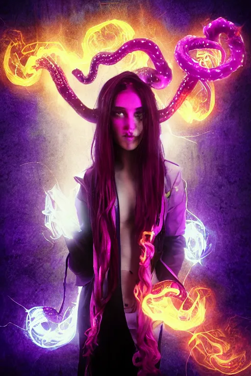 Image similar to young teen with purple tentacled hair, with red flames dancing on her hands with a long jacket in a cyberpunk city, realistic, high definition, 4K, shimmering color, digital art, Instagram filters, Photoshop, Adobe Lightroom, Adobe After Effects, taken with polaroid kodak portra