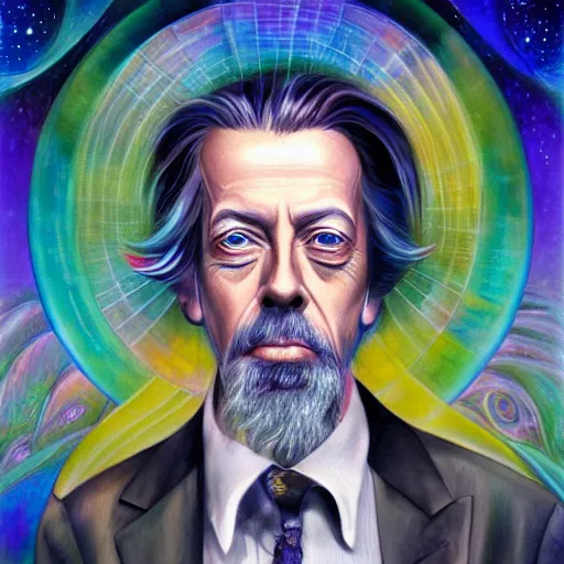 Image similar to Anna Dittmann painting of Alan watts, trending on art station, drawn by alex grey