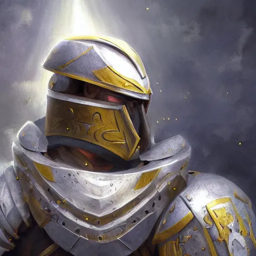 Prompt: a divine paladin in heavy armor wearing a heavy platemail helmet, artstation hall of fame gallery, editors choice, #1 digital painting of all time, most beautiful image ever created, emotionally evocative, greatest art ever made, lifetime achievement magnum opus masterpiece, the most amazing breathtaking image with the deepest message ever painted, a thing of beauty beyond imagination or words, 4k, highly detailed, cinematic lighting