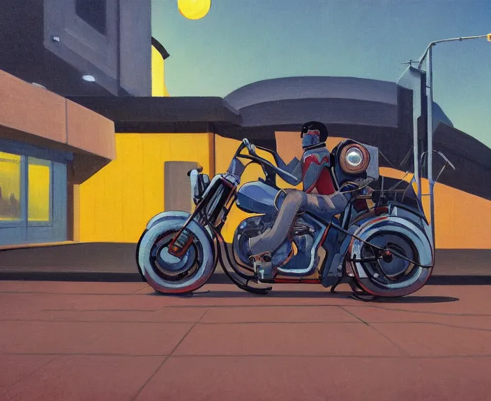 Image similar to a very detailed painting of a astronaut wearing a suit, riding a motorbike down a street, harley davidson motorbike, worm's - eye view, very fine brush strokes, very aesthetic, very futuristic, in the style of edward hopper and grant wood and syd mead, 4 k,