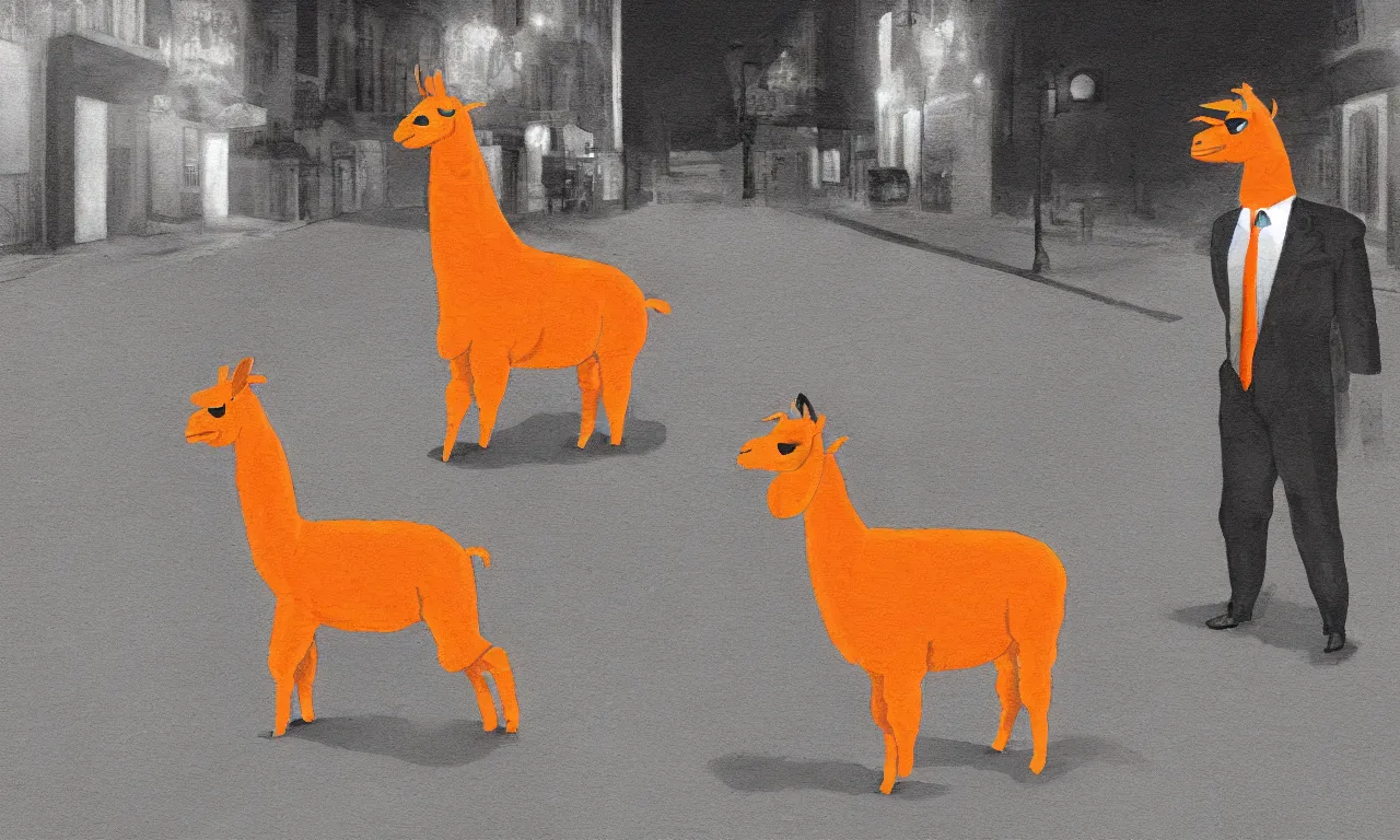 Prompt: a digital painting of an orange llama wearing a 1 9 4 0's noire detective outfit, standing in the streets of chicago at night investigating a crime scene where a body outline is drawn in chalk on the sidewalk, digital art