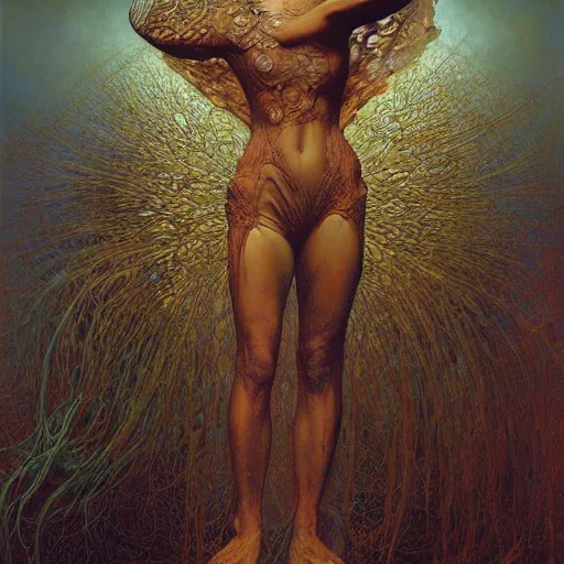 Prompt: time traveller by zdzisław beksinski, iris van herpen, raymond swanland and alphonse mucha. highly detailed, hyper - real, beautiful