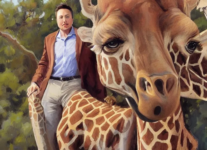 Image similar to a highly detailed beautiful portrait of elon musk with a giraffe, by gregory manchess, james gurney, james jean