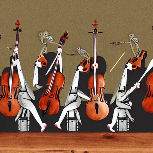 Prompt: a band of happy praying mantis playing cellos and drums