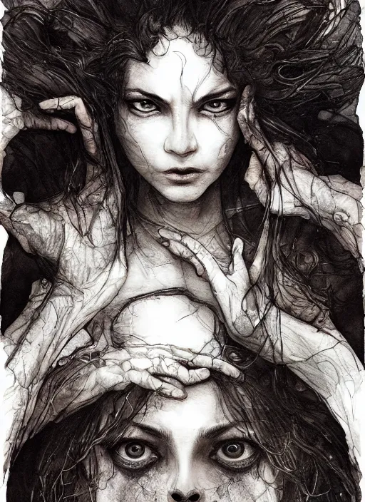 Image similar to portrait, The three blind sister of fate share a single eye, watercolor, dramatic lighting, cinematic, establishing shot, extremely high detail, foto realistic, cinematic lighting, pen and ink, intricate line drawings, by Yoshitaka Amano, Ruan Jia, Kentaro Miura, Artgerm, post processed, concept art, artstation, matte painting, style by eddie mendoza, raphael lacoste, alex ross