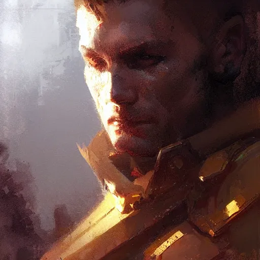 Image similar to Portrait painting of a paladin by greg rutkowski and Craig Mullins, Dark atmospheric and cinematic lighting