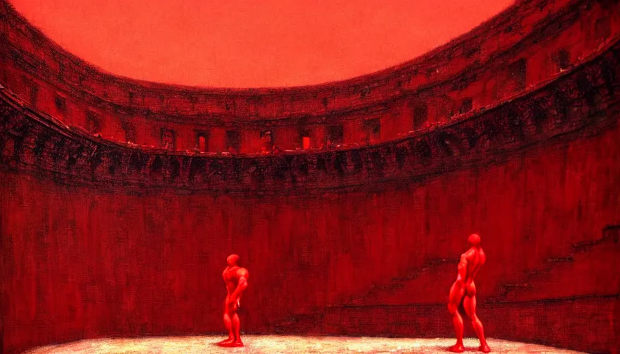 Image similar to only with red, a red gladiator in a crowded roman amphitheatre, crowd cheers him, in the style of beksinski and edward hopper and rodcenko and yue minjun, intricate and epic composition, red by caravaggio, highly detailed, masterpiece, red light, artstation