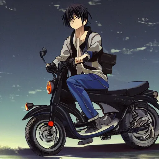 Image similar to close up of a high definition anime guy with dark blue hair and streetwear clothing riding a 1990 black honda c90 with armenia quindio in the background , Artwork by Makoto Shinkai, pixiv, 8k, official media, wallpaper, hd