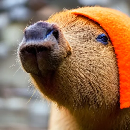 Prompt: A capybara with orange on head