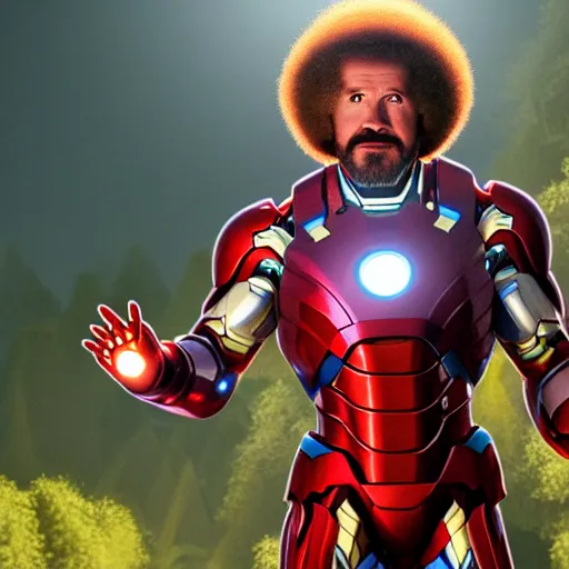 Image similar to a still of Bob Ross as Ironman. Magic Hour. Professional photography, 4K. Mood