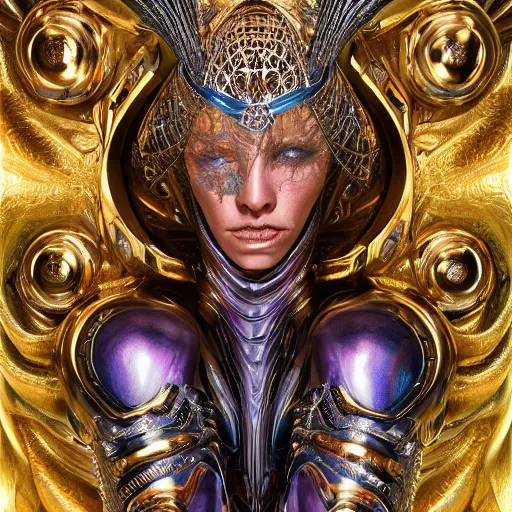 Image similar to a beautiful symmetrical muscular body wearing an armor made of golden ornaments and gems by alex gray and android jones , Karol Bak, Ayami Kojima, Amano , 3D, 8k resolution