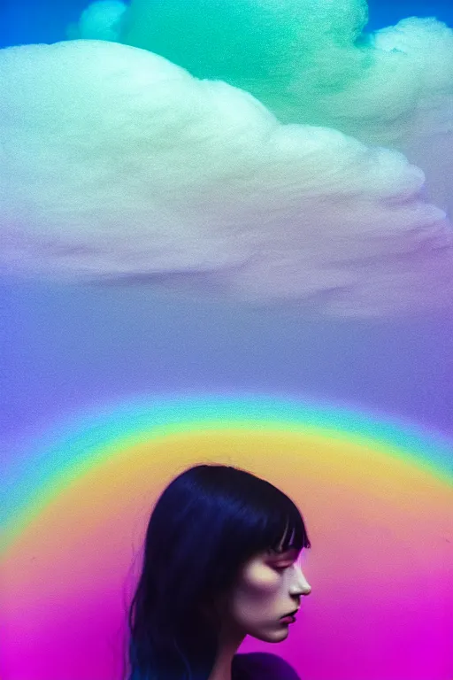 Image similar to high quality pastel coloured film photograph of a model wearing black clothing resting on cloud furniture clouds in a haze filled dreamstate world. three point light, rainbow. photographic production. art directed. pastel colours. volumetric clouds. pastel gradient overlay. waves glitch artefacts. 8 k. filmic.