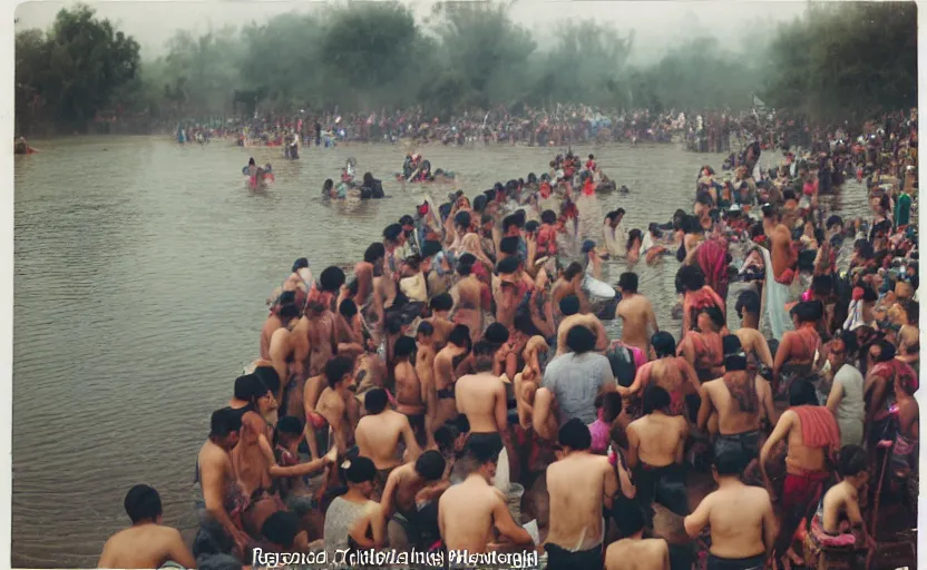 Image similar to a misteriuos colored old film photography of people doing an aztec ritual, xochimilco river, hazy, humid, photorealistic,