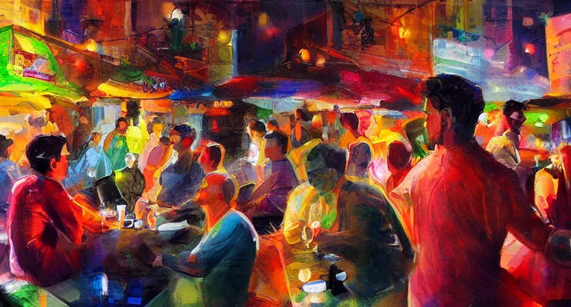 Prompt: people drinking and having fun, artwork by salman toor, cinematic light, atmospheric effects