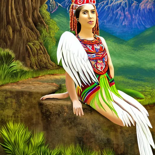 Prompt: harpy girl, inka priestess, sitting at a pond, mountainous area, trees in the background, digital art
