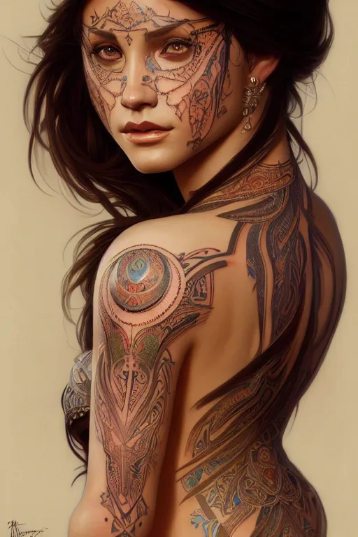 Image similar to body portrait of beautiful annubian tribal tattooed young pincess, intricate, elegant, highly detailed, digital painting, artstation, concept art, smooth, sharp focus, illustration, art by artgerm and greg rutkowski and alphonse mucha, 8 k