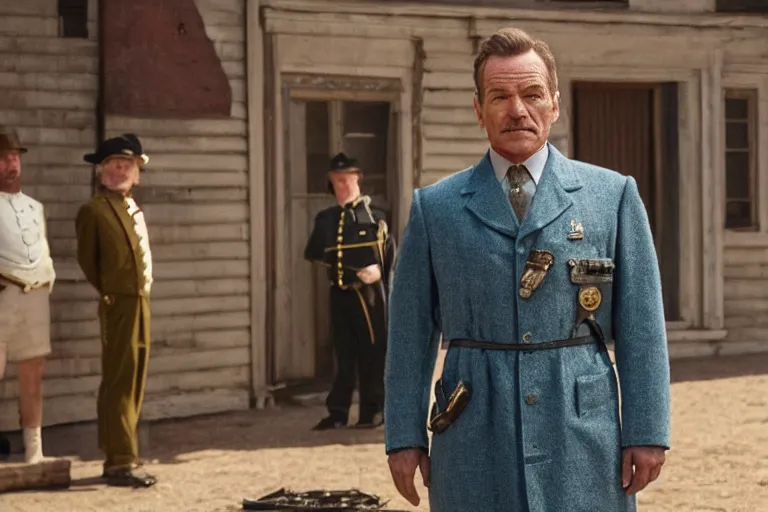 Prompt: wide-shot concept image of bryan cranston as a constable in a movie directed by Wes Anderson, symmetrical shot, idiosyncratic, relentlessly detailed, pastel colour palette, detailed perfect face, movie still frame, promotional image, imax 70mm footage