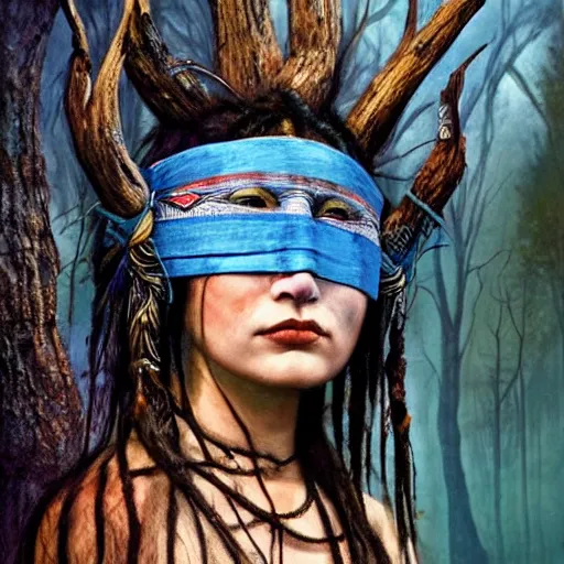 Prompt: A young blindfolded shaman woman with a decorated headband from which blood flows, in the style of heilung, blue hair dreadlocks and wood on her head. The background is a forest on fire, made by karol bak and james gurney