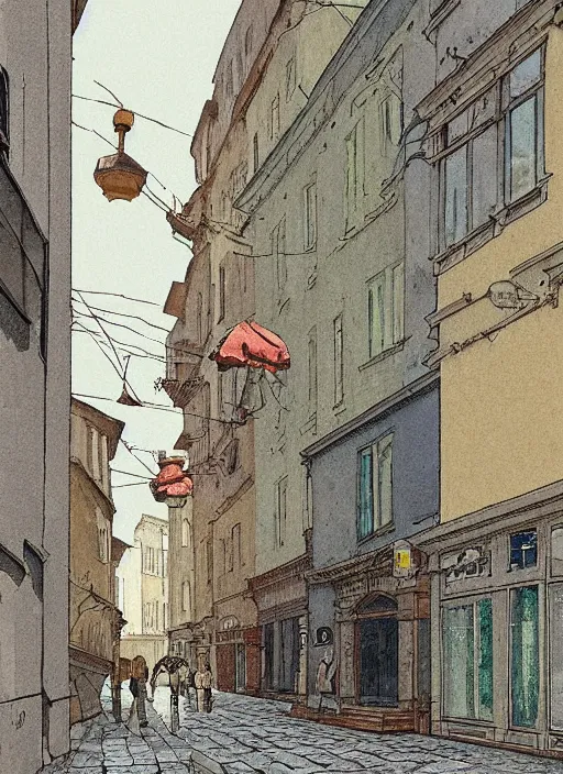 Prompt: illustration of a 2 0 8 0 desolate prague street scene by shaun tan, clean, emptyness, torn paper decollage, graphic novel, oil on canvas by edward hopper, ( by mattias adolfsson ), by moebius