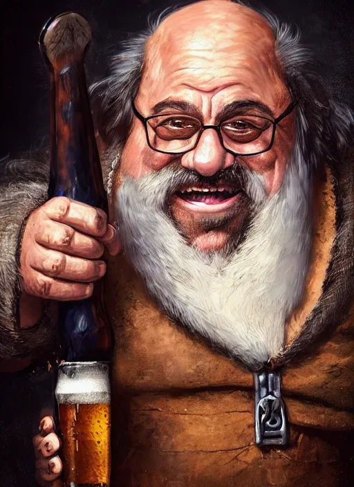 Image similar to Portrait of Danny Devito as a Dwarven Axeman with a white beard, He is drinking beer at a tavern, realistic, detailed, 4k by Greg Rutkowski Mark Arian trending on artstation