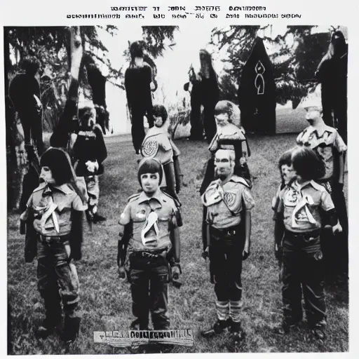 Image similar to Satanic States of America, alternate history, 1980s, boy scouts, goth boy scouts, Satanic boy scouts, black clothing, occult ritual, 1987, 16mm photograph