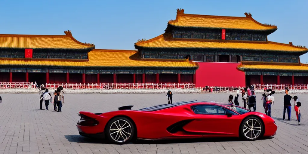 Prompt: a supercar running in the forbidden city