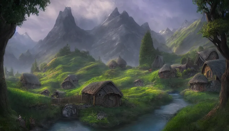 Image similar to matte painting of a beautiful hobbit village, digital art, trending on artstation