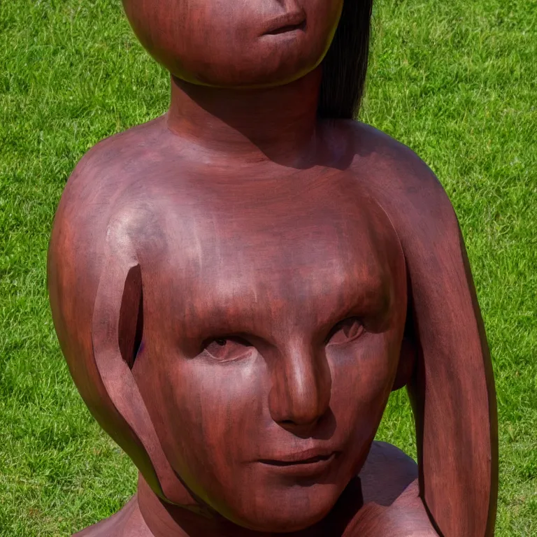 Image similar to public sculpture minimalist portrait of a powerful woman wearing pigtails, beautiful symmetrical face accurate face detailed face realistic proportions, carved out of mahogany wood on a pedestal by stephan balkenhol and martin puryear, hyperrealistic dramatic lighting shocking detail trending on artstation 8 k