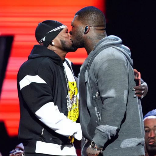 Image similar to 5 0 cent and eminem kissing on stage