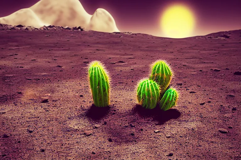 Prompt: lonely cactus growing on the moon, cinematic wide shot, cosmic sun in the background, lush green cactus, hd render, contrast