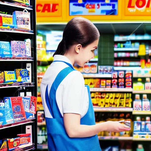 Prompt: Cat employee working in convenience store, high detail