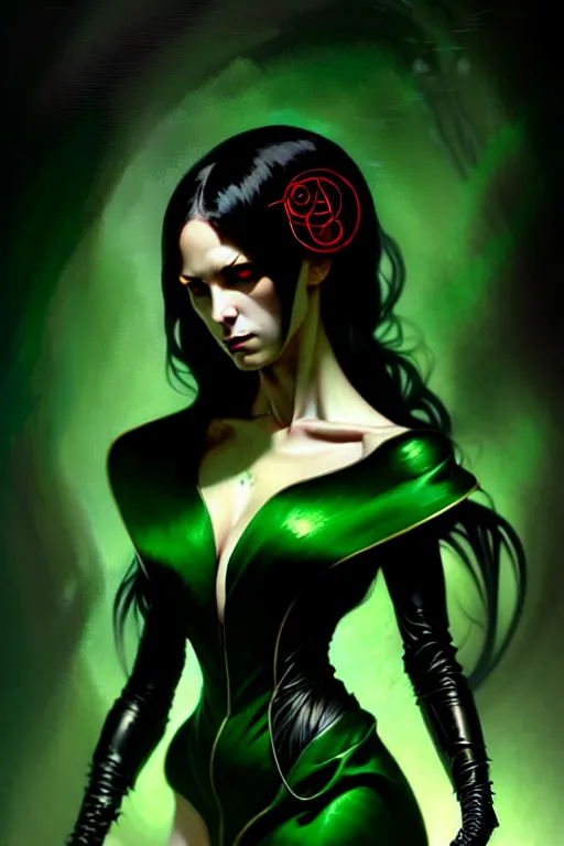 Image similar to portrait of a dark fantasy seductive female necromancer, stylish black dress, green eyes, long red hair, fantasy, elegant, intricate, full frontal shot, highly detailed, digital painting, artstation, concept art, sharp focus, illustration, art by artgerm and greg rutkowski and alphonse mucha