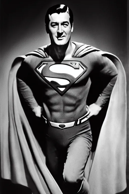 Image similar to rock hudson playing superman in, superhero, dynamic, 3 5 mm lens, heroic, studio lighting