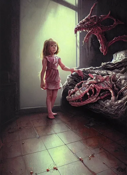 Prompt: realistic detailed image of a little girl in the room with a little monster hiding!!! and lurking under the bed in the shadows!!!. by Ayami Kojima, Amano, Karol Bak, Greg Hildebrandt, and Mark Brooks, Neo-Gothic, gothic, rich deep colors. Beksinski painting, part by Adrian Ghenie and Gerhard Richter. art by Takato Yamamoto. masterpiece