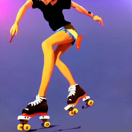 Prompt: cel shaded 3 d render of a skater woman on roller skates, at a skate park, unreal engine, octane render, thick and bold black outlines, gorgeous, advanced lighting technology, stylized and expressive, perfect anatomy, by thomas kinkade and greg rutkowski and hayao miyazaki and akira toriyama and ilya kuvshinov