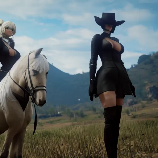 Image similar to Film still of a woman cosplaying as 2B nier automata wearing skintight clothes riding a horse, from Red Dead Redemption 2 (2018 video game), trending on artstation, artstationHD, artstationHQ