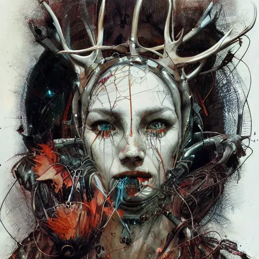 Image similar to tecno pagan god, wires antlers cybernetic implants, machine noir grimcore, in the style of adrian ghenie esao andrews jenny saville surrealism dark art by james jean takato yamamoto and by ashley wood