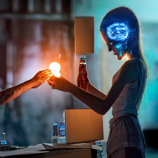 Prompt: a photo portrait of hobo creating a robogirl from the empty beer bottles and cardboard boxes. symmetry, awesome exposition, very detailed, highly accurate, professional lighting diffracted lightrays, 8 k, sense of awe