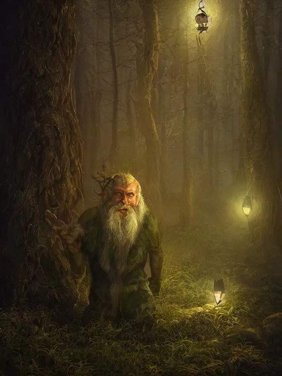 Image similar to Frightened Huntsman High Fantasy Dwarf treading through Haunted Forest with Glowing Lights, RPG Portrait Reference, Oil Painting, Trending on Artstation, octane render, Insanely Detailed, 8k, HD