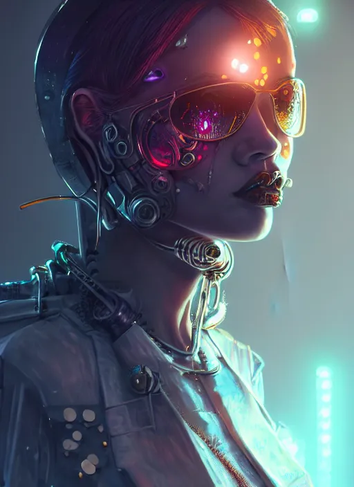 Image similar to ebony biotech raver gutter punk gothic cyborg, golden ratio, details, scifi, fantasy, cyberpunk, intricate, decadent, highly detailed, digital painting, octane render, artstation, concept art, smooth, sharp focus, illustration, art by artgerm, loish, wlop