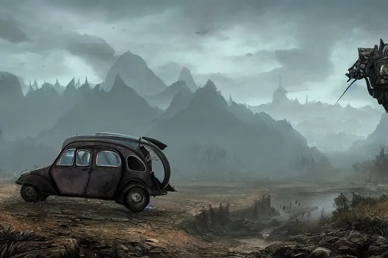 Image similar to daedric offroad citroen 2 cv ( 1 9 6 5 ) driving across the rift, daedric axe stored on the side of the car, leather and cloth traveller backpacks on roof, riften city in the background, epic fantasy, autumn, the elder scrolls v : skyrim, dramatic lighting, establishing shot, by simon stalenhag