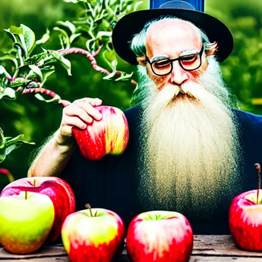 Prompt: beautiful professional photograph of a wizard with a very long white beard, creating, making, brewing, potions, elixirs, potions, in an apple orchard