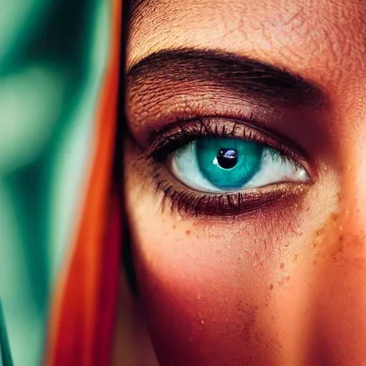 Prompt: extreme close - up shot, studio photographic portrait of beautiful indian girl in sari, brown reddish hair, eyes with crystal teal iris, haunting, looking at viewer, dynamic lighting, random outdoor wallpaper background, photorealistic, highly detailed, 2 5 mm