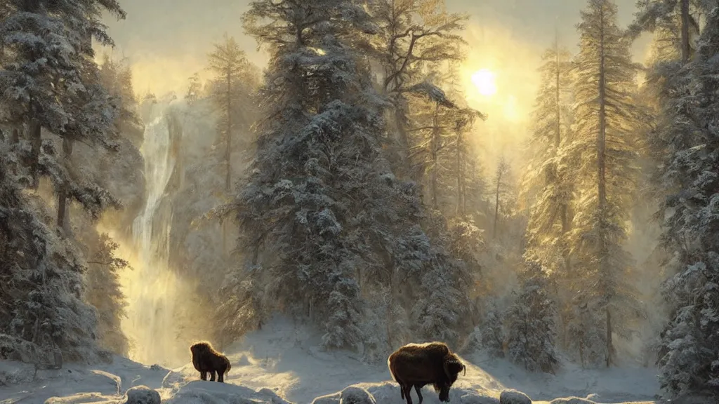 Image similar to the most beautiful panoramic landscape, oil painting, where a giant dreamy waterfall is frozen, the trees around have snow over their leafs, a majestic bison is exhaling steam and the ray lights of the sunrise are brightening him, by greg rutkowski