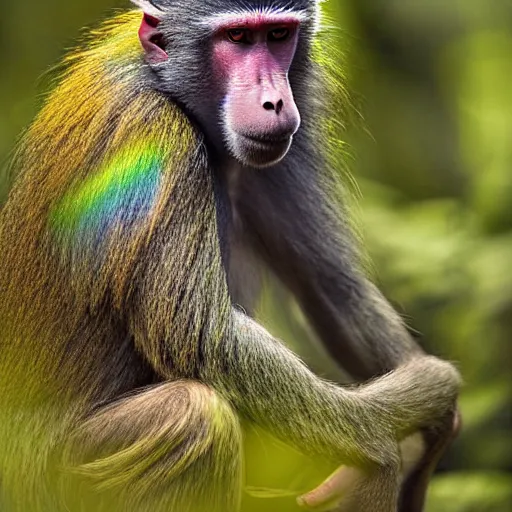 Image similar to rainbow baboon in a forest national geographic photograph detailed