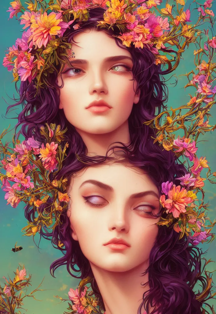 Prompt: beautiful, young woman, detailed gorgeous face, vaporwave aesthetic, synthwave, colorful, psychedelic, artstation, concept art, smooth, extremely sharp detail, thorn crown, flowers, bees, finely tuned detail, ultra high definition, 8 k, unreal engine 5, ultra sharp focus, illustration, art by artgerm, greg rutkowski and alphonse mucha