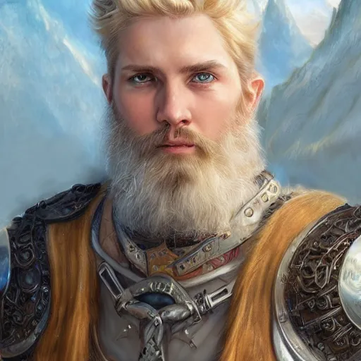 Image similar to A 22 year old Swedish male with short blonde hair and beard stubble as a fantasy D&D character, art by Donato Giancola and Bayard Wu, digital art, trending on artstation, 4k